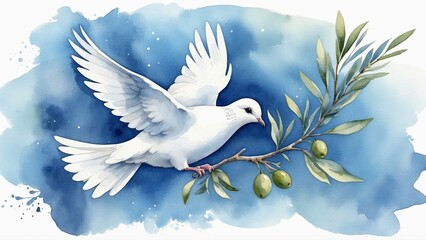Obraz premium White dove with branch on blue background