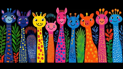 Colorful cartoon giraffes in vibrant floral border.