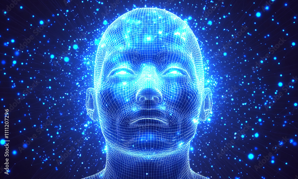 Aufkleber Digital human head with glowing particles in dark space represents artificial intelligence and technology integration