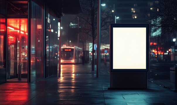 In-store advertising mockup for bus stops or signboards in public areas at night. Empty mockup of lightbox for information.