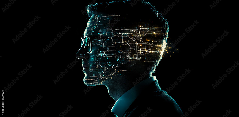 Aufkleber Profile of a man with digital circuitry overlay representing technology and innovation