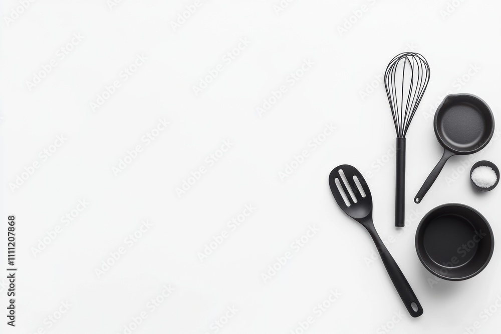 Aufkleber Spatulas, whisks, small pots, and spoons are neatly arranged on a white surface, creating an ideal setup for culinary projects. Generative AI