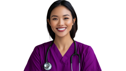 Smiling healthcare professional in purple scrubs with stethoscope on transparent background