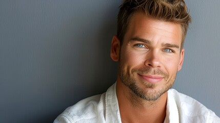 Fototapeta premium Confident and handsome young man smiling in white shirt against grey studio background