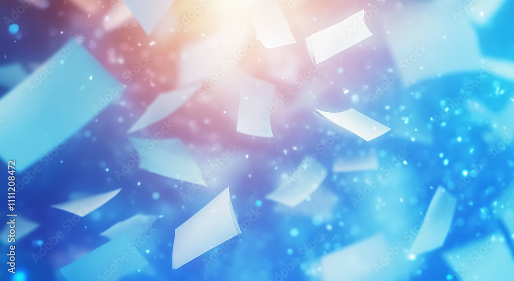 Poster Papers swirling in the air creating a dynamic blue and pink abstract background during a creative event