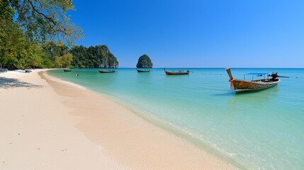 Obraz premium Serene Tropical Beach Scene with Traditional Longtail Boats at Anchor