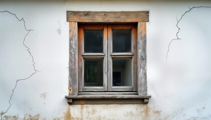 Fototapeta premium Weathered wooden window frame on rough white cement wall. Exterior building detail. Vintage style. Aged wood. Rustic, chipped paint. Empty window. Old house. Classic architecture. Building exterior