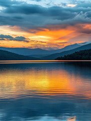 Fototapeta premium A serene mountain lake at sunset, color pencils blending warm oranges and pinks across the sky