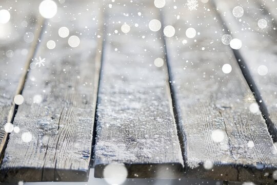 Verschneiter Holztisch Rustikale Holzplanken Winterliche Atmosph&auml;re Schnee und Frost Detailaufnahme Stimmungsvolle Dekoration Hintergrund f&uuml;r Produktpr&auml;sentation Nat&uuml;rliche Textur Eisige Akzente