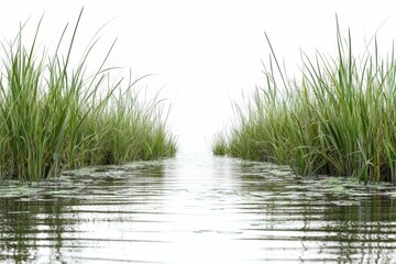 Obraz premium Serene waterway, tall grasses, tranquil reflection.