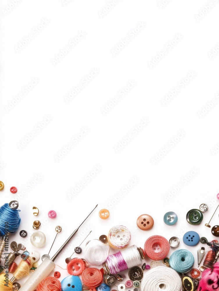 Aufkleber colorful sewing essentials such as threads, needles, and various buttons are arranged on a white bac