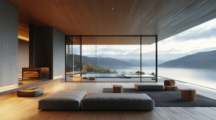 Fototapeta premium A 3D rendering of a large, minimalist living room in a modern house or luxury hotel.