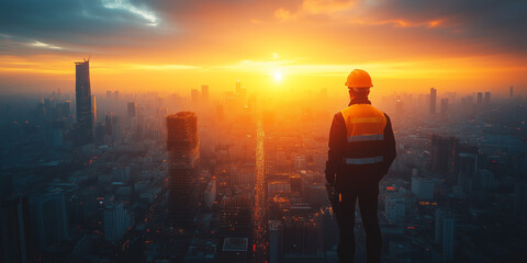 Builder Silhouette with Cityscape
Silhouette of a builder against a cityscape at sunset, symbolizing construction, progress, and urban