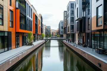 Modern apartments line canal; water reflects buildings.