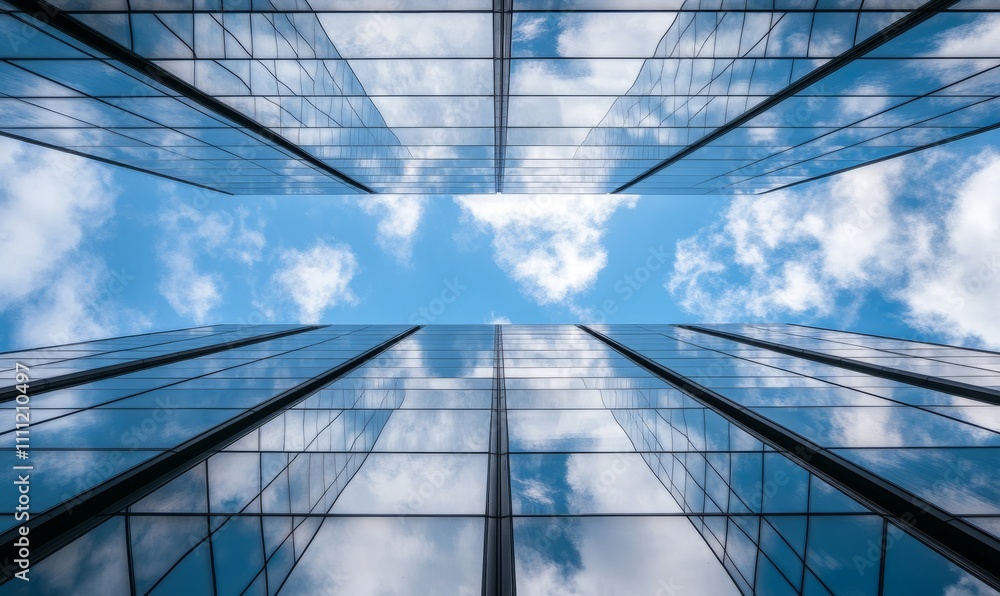 Poster upward view of a glass skyscraper reflecting the sky, with clouds and blue tones creating a modern a