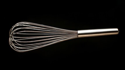 A shiny metal whisk covered in fluffy, freshly whipped egg whites.






