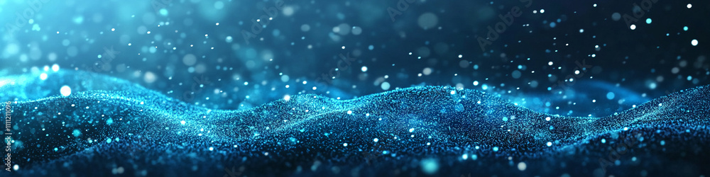 Poster vibrant blue particles creating a shimmering underwater effect in a dark environment
