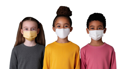 Three children wearing masks with transparent background, showcasing diverse expressions and colorful clothing
