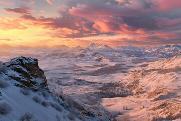 Stunning sunrise over an expansive snowy winter valley