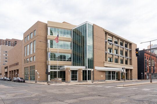 Saint Paul, Minnesota, USA - May 5, 2023: Ramsey County Juvenile and Family Justice Center in downtown Saint Paul, houses offices for juvenile detention and the Second Judicial Courts. 