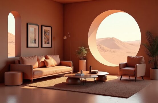 Stylish futuristic living room features monochrome terracotta furniture. Large round window shows desert landscape. Contemporary design with trendy earth tones. Cozy, comfortable space with simple