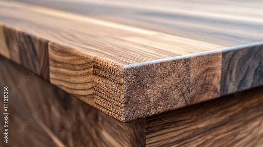 Poster a close-up view of a wooden surface featuring a smooth edge, showcasing the rich texture and grain p