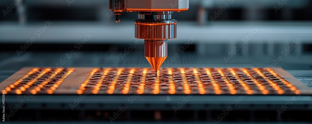 Poster a close-up of a precision nozzle applying material onto a microchip, showcasing advanced manufacturi