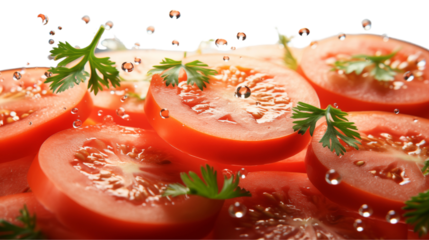 Dynamic visual of tomato slices floating, adding energy to food or kitchen-themed designs.