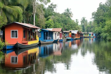 Fototapeta premium Colorful houses on water, lush green foliage.