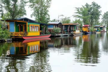 Fototapeta premium Colorful houseboats moored, tranquil waterway.