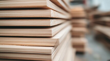 Fototapeta premium Stacked wooden planks showcasing their smooth surfaces and natural grain, ideal for construction or woodworking projects.