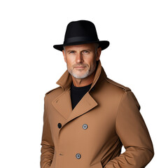 Fototapeta premium Stylish man in a trench coat with a hat on transparent background