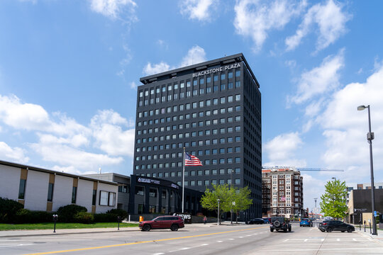 Omaha, NE, USA - May 7, 2023: Blackstone Plaza building in Omaha, NE, USA. Blackstone Plaza (formerly named as Kiewit Plaza) is a high-rise office building located at 3555 Farnam Street in Omaha. 