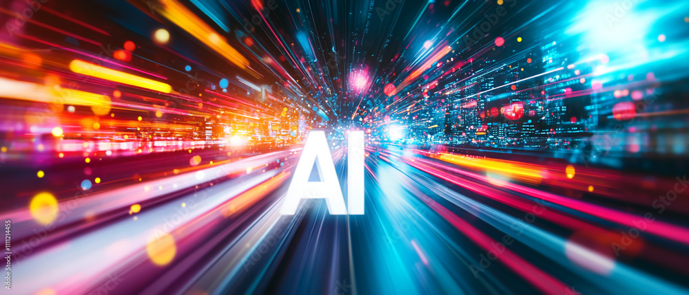 Poster vivid digital representation of artificial intelligence surrounded by colorful light trails at night