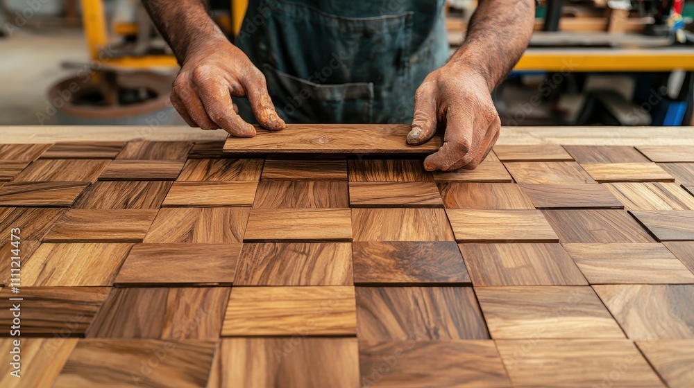 Poster a craftsman arranges wooden tiles on a workbench, focusing on the intricate pattern of the polished 