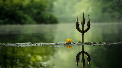 Trident sticking out of water in nature