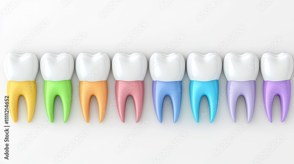 Poster schematic design displaying a row of healthy teeth alongside colorful dental implants on a clean bac