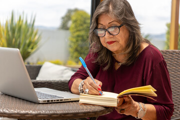 Portrait of a senior businesswoman wearing glasses writing in a notebook next to her laptop