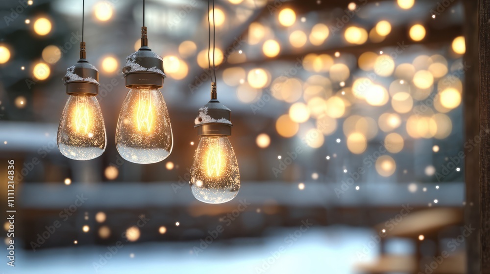 Poster a blurred background of an empty snowy winter scene with hanging lights and snowflakes