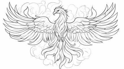 Obraz premium Sketch outline of a phoenix rising from the ashes, outlined for coloring, on a white background. Phoenix. Illustration