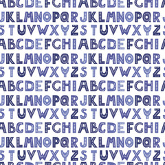 Seamless pattern alphabet. Decorative folk  blue letters