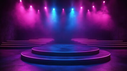 Fototapeta premium Empty dark stage with dark blue-purple pin background. Neon lights purple, blue. Dark concrete platform. Stage area designed for product display. Dark atmosphere for fashion tech creative events.
