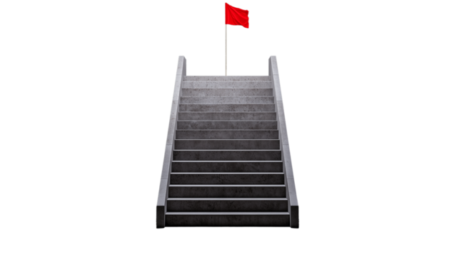 Concrete Staircase Leading Up with Red Flag on Transparent Background
