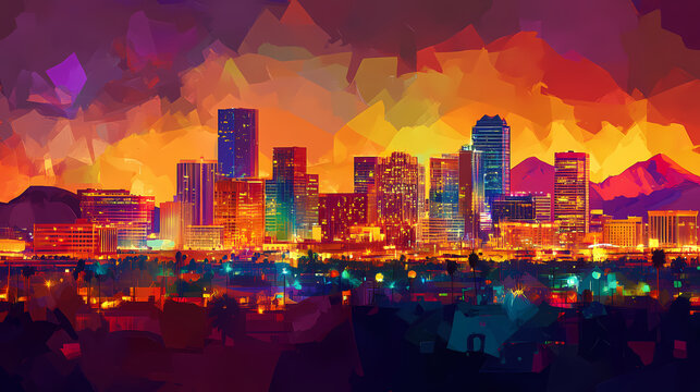 Vibrant night skyline of downtown phoenix, arizona with bright lights and urban landscape views. Phoenix. Illustration