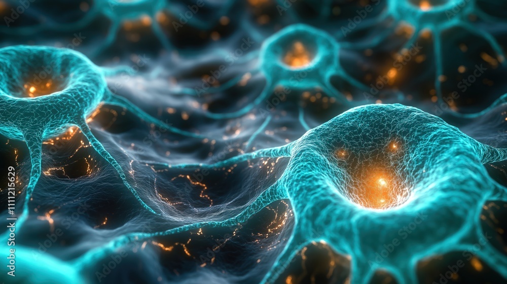 Aufkleber Close-up view of glowing neuron cells. Complex network of turquoise structures interacting with golden lights. Illustrates intricate communication pathways in brain. Conceptual image for scientific