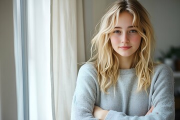 Naklejka premium Blonde woman standing by a window wearing a gray sweater with a serene expression