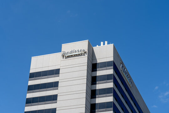 Salt Lake City, Utah, USA - May 15, 2023: Radisson Hotel Salt Lake City Downtown in Salt Lake City, Utah, USA. Radisson Hotels is a multi-brand hotel chain with a worldwide presence.