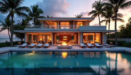Fototapeta premium Luxury beachfront villa at sunset. Infinity pool reflects warm evening sky. Palm trees surround modern elegant home. Outdoor living area with comfortable lounge chairs. Cozy fireplace, ocean views.