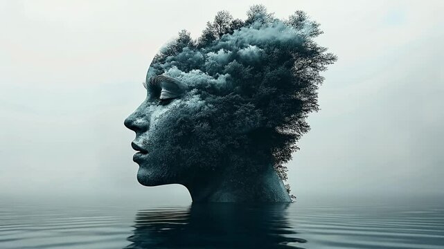 An ethereal video portrays a cloud-formed face emerging from water, blending reality with dreams. Concept of self-reflection and the creative mind&rsquo;s potential.