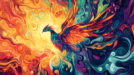 Fototapeta premium Illustration of a majestic phoenix rising, its feathers ablaze with a stunning array of colors. Phoenix. Illustration